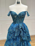 Sweetheart Neck Tulle Sequin Lace Blue Long Prom Dress HZ1024