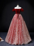 Burgundy/Pink Tulle Long Prom Dress, Burgundy/Pink Sweet 16 Dress HZ1024