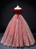 Burgundy/Pink Tulle Long Prom Dress, Burgundy/Pink Sweet 16 Dress HZ1024