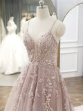 V Neck Lace Tulle Long Prom Dress, Pink Tulle Formal Dresses HZ1024
