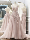 V Neck Lace Tulle Long Prom Dress, Pink Tulle Formal Dresses HZ1024