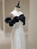 Off Shoulder Satin Black/Beige Long Prom Dress, Black/Beige Long Formal Dress HZ1024
