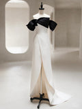 Off Shoulder Satin Black/Beige Long Prom Dress, Black/Beige Long Formal Dress HZ1024