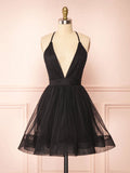 v neck black short prom dress black homecoming dress HZ1024