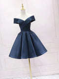 blue off shoulder satin short prom dress blue bridesmaid dress HZ1024