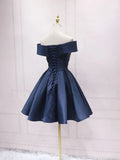 blue off shoulder satin short prom dress blue bridesmaid dress HZ1024