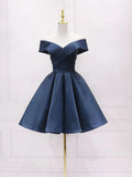 blue off shoulder satin short prom dress blue bridesmaid dress HZ1024