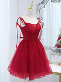 tulle lace short prom dress,burgundy homecoming dress HZ1024