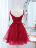 tulle lace short prom dress,burgundy homecoming dress HZ1024