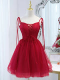 tulle lace short prom dress,burgundy homecoming dress HZ1024