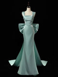 Satin Green Long Prom Dress, Green Long Formal Dress with bow tie HZ1024