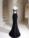 Mermaid Velvet Sequin Black Long Prom Dress, Black Long Evening Dress HZ1024