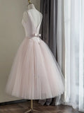 round neck satin short prom dress, pink tulle bridesmaid dress HZ1024