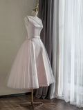 round neck satin short prom dress, pink tulle bridesmaid dress HZ1024