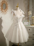 sweetheart neck tulle lace short prom dress, white tulle formal dress HZ1024