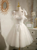 sweetheart neck tulle lace short prom dress, white tulle formal dress HZ1024