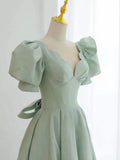 green v neck satin short prom dress, green evening dress HZ1024