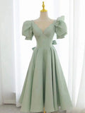 green v neck satin short prom dress, green evening dress HZ1024