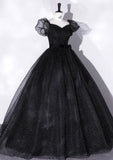 A-Line Tulle Long Prom Dresses, Black Formal Sweet 16 Dress HZ1024