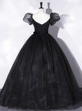A-Line Tulle Long Prom Dresses, Black Formal Sweet 16 Dress HZ1024