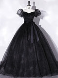 A-Line Tulle Long Prom Dresses, Black Formal Sweet 16 Dress HZ1024
