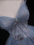 A-Line Tulle Long Prom Dresses, Blue Tulle Formal Graduation Dresses HZ1024