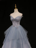 A-Line Tulle Long Prom Dresses, Blue Tulle Formal Graduation Dresses HZ1024
