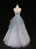 A-Line Tulle Long Prom Dresses, Blue Tulle Formal Graduation Dresses HZ1024