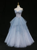 A-Line Tulle Long Prom Dresses, Blue Tulle Formal Graduation Dresses HZ1024