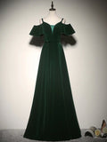 A-Line Velvet Long Prom Dresses, Green Formal Evening Dress HZ1024