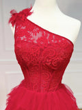 One Shoulder Lace Tulle Burgundy Long Prom Dresses, Burgundy Formal Dresses HZ1024