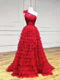 One Shoulder Lace Tulle Burgundy Long Prom Dresses, Burgundy Formal Dresses HZ1024