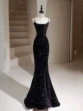 Mermaid Velvet Sequin Black Long Prom Dress, Black Long Evening Dress HZ1024