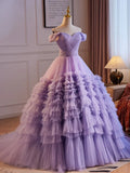 Off Shoulder Tulle Purple Long Prom Dress, Purple Long Evening Dress HZ1024