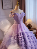 Off Shoulder Tulle Purple Long Prom Dress, Purple Long Evening Dress HZ1024