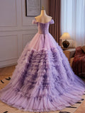 Off Shoulder Tulle Purple Long Prom Dress, Purple Long Evening Dress HZ1024