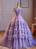 Off Shoulder Tulle Purple Long Prom Dress, Purple Long Evening Dress HZ1024