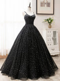 A-Line Tulle Long Prom Dress, Black Formal Evening Dresses HZ1024