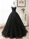 A-Line Tulle Long Prom Dress, Black Formal Evening Dresses HZ1024