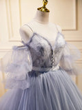 V Neck Tulle Lace Gray Blue Long Prom Dress, Formal Graduation Dress HZ1024