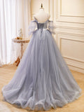 V Neck Tulle Lace Gray Blue Long Prom Dress, Formal Graduation Dress HZ1024