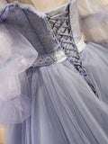 V Neck Tulle Lace Gray Blue Long Prom Dress, Formal Graduation Dress HZ1024