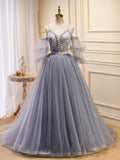 V Neck Tulle Lace Gray Blue Long Prom Dress, Formal Graduation Dress HZ1024