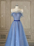 Tulle Blue Long Prom Dresses, Blue Tulle Formal Dresses HZ1024