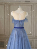Tulle Blue Long Prom Dresses, Blue Tulle Formal Dresses HZ1024