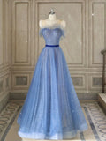 Tulle Blue Long Prom Dresses, Blue Tulle Formal Dresses HZ1024