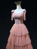 Line Pink Tulle Long Prom Dresses, Pink Formal Graduation Dresses HZ1024