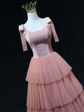 Line Pink Tulle Long Prom Dresses, Pink Formal Graduation Dresses HZ1024