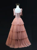 Line Pink Tulle Long Prom Dresses, Pink Formal Graduation Dresses HZ1024