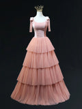 Line Pink Tulle Long Prom Dresses, Pink Formal Graduation Dresses HZ1024